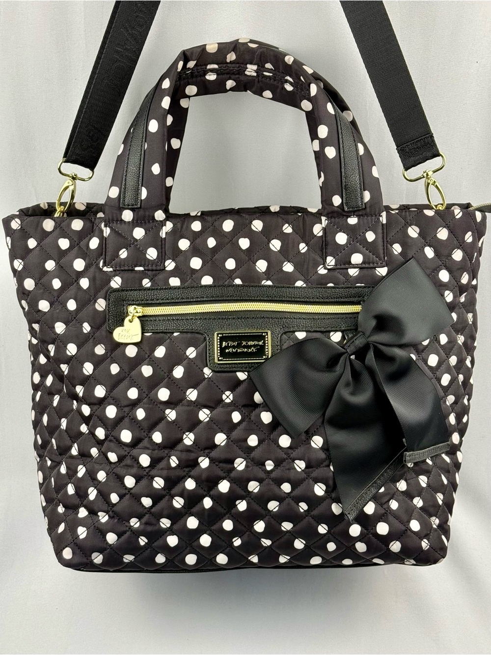 Betsey Johnson Polka Dot Quilted Bow Tote Shoulder Bag Black White
